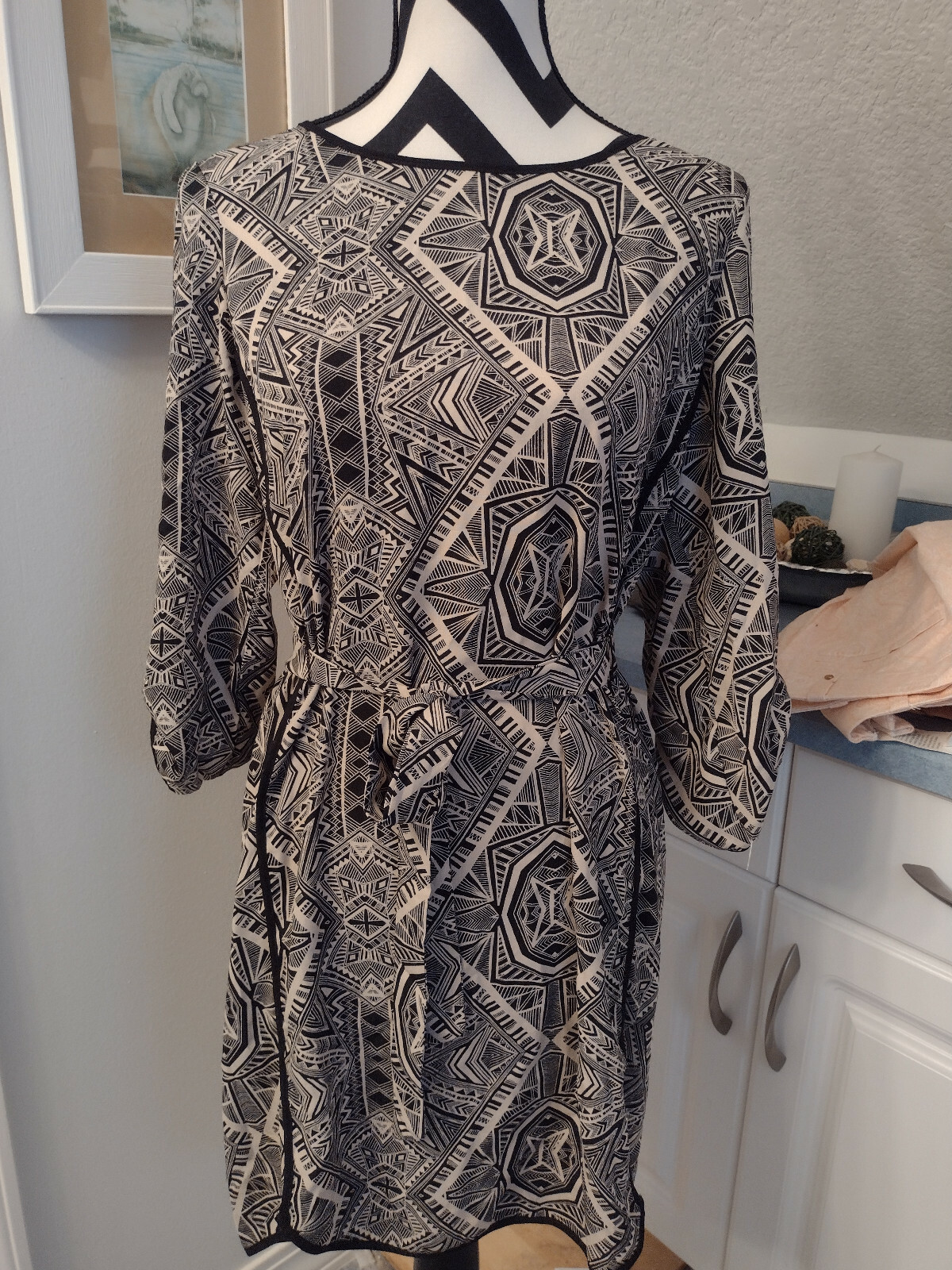 NWT Skies are Blue Black Cream Dress ¾-Sleeves Belt Size SMALL Stitch Fix