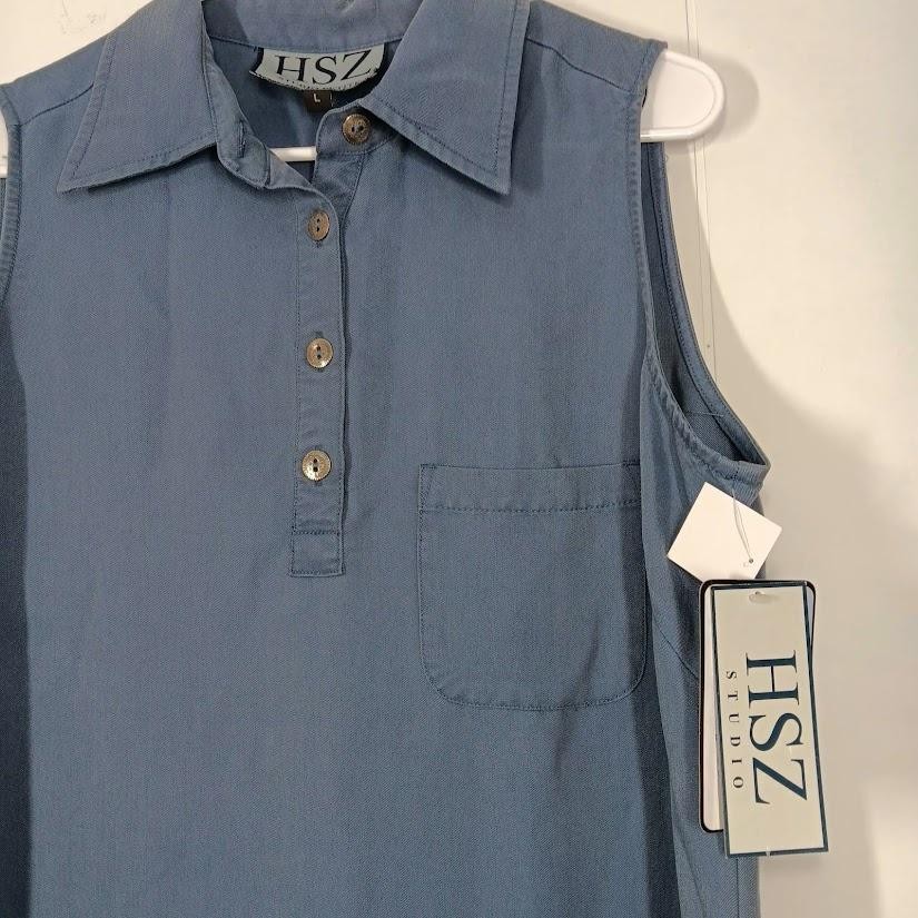 HSZ Studio Dress Womens Large Blue Sleeveless Collared Shirt Maxi Lyocell Blend