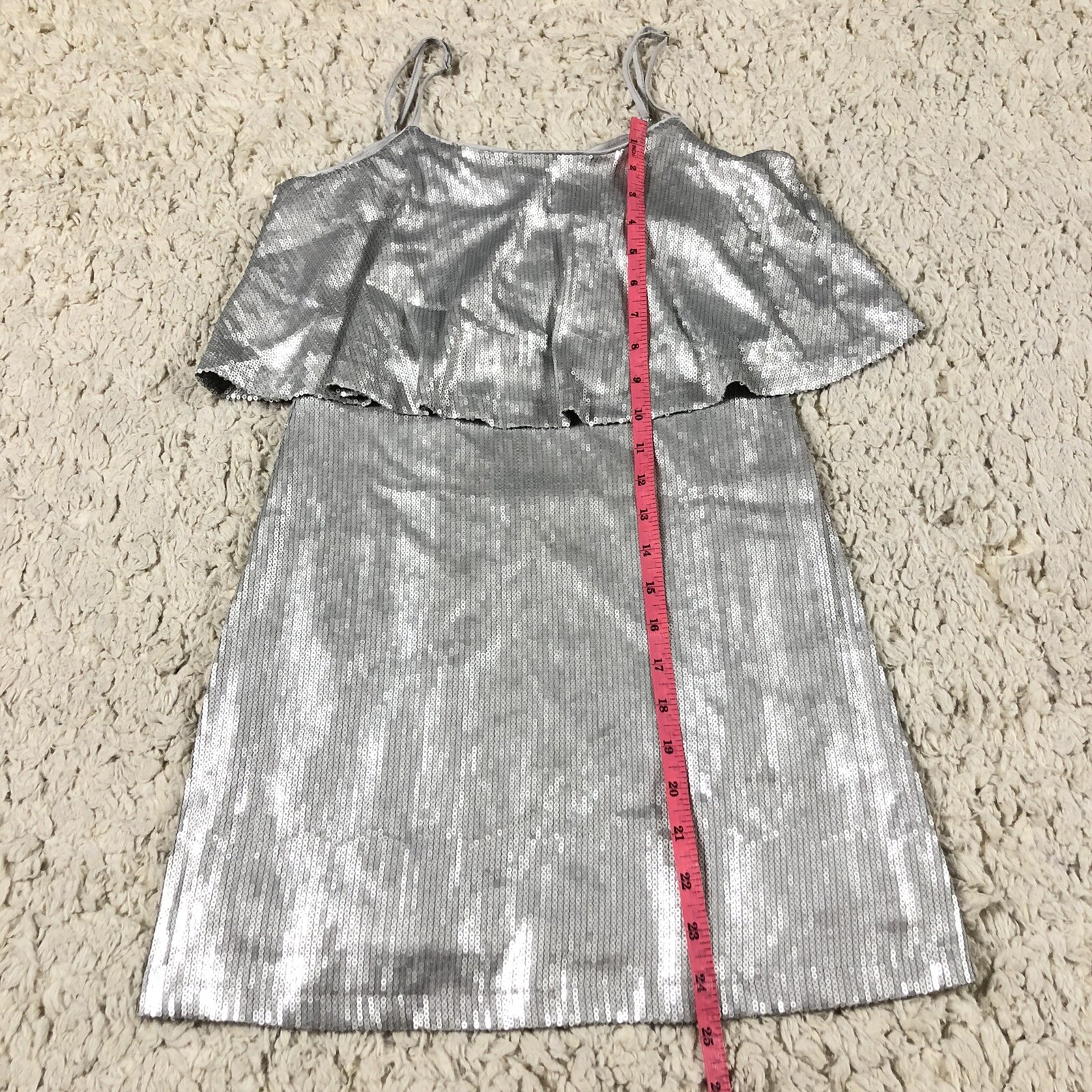 Forever 21 Silver Sequin Stretch Ruffle Mini Dress Womens Small Spaghetti Strap