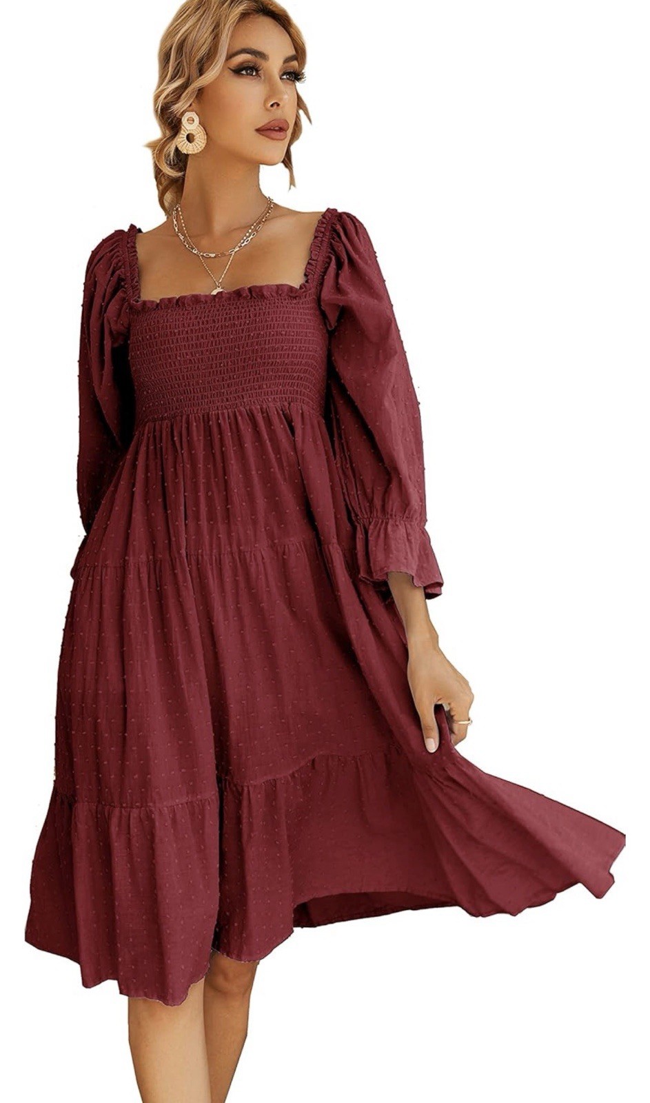 R. Vivimos Plaid Puff Sleeves Bow Boho Midi Dress Sz M Burgundy Vacation Casual