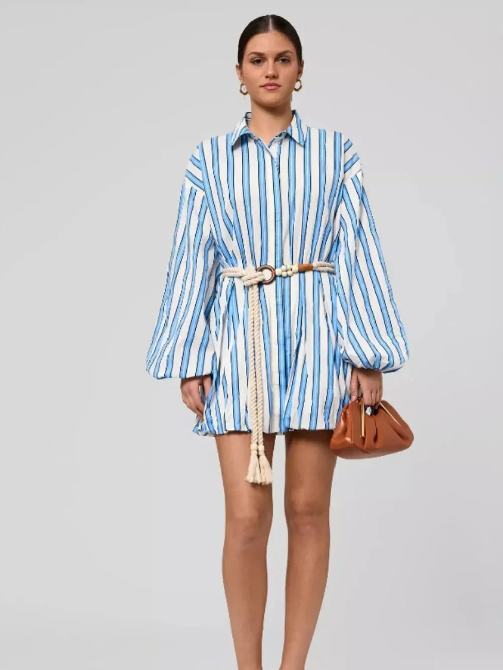 RACHEL Rachel Roy 100% cotton Collared Neck Shirt Dress white blue stripe 4