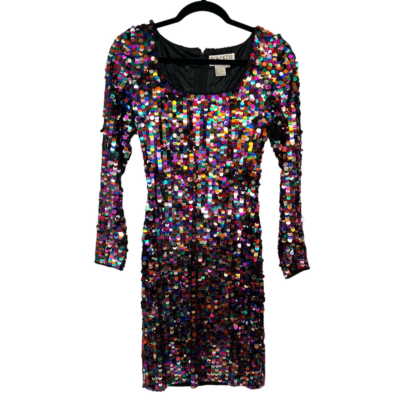 Oleg Cassini Black Tie Vintage Sequin Dress Size 4 Rainbow Long Sleeve Party