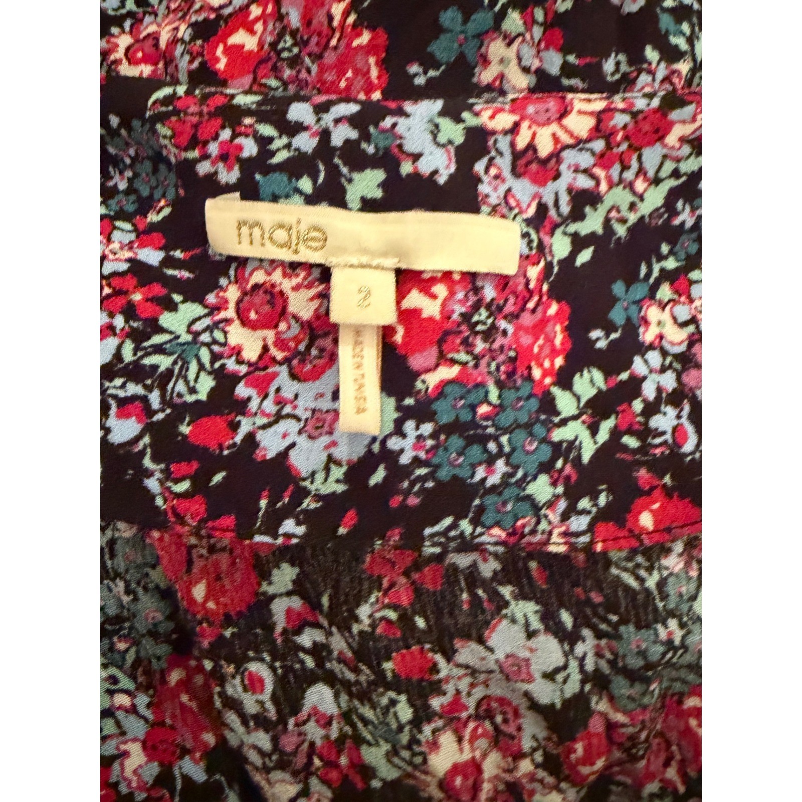 Maje Lolita Floral Smocked V-Neck Mini Dress Multicolor Viscose Size 2 M