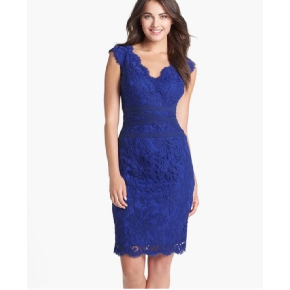 TADASHI SHOJI Blue Scalloped Eyelash Lace V-Neck Ribbon Waist Sheath Dress 2 XS