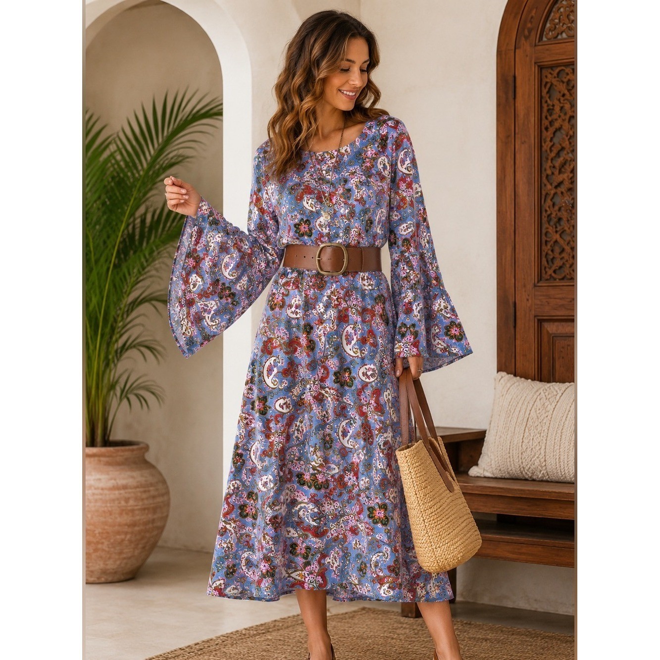 Lanidor Collection Boho Paisley Bell Sleeve Midi Dress XL 100% Viscose