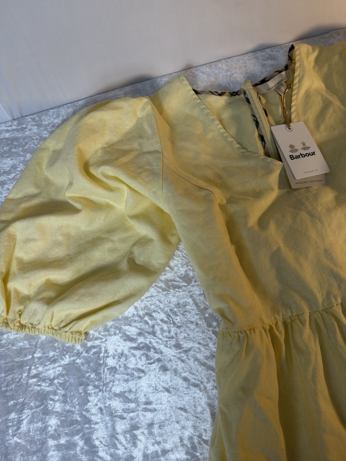 Barbour Yellow Linen Midi Dress Puff Sleeve Tie Back Womens 10 NWT