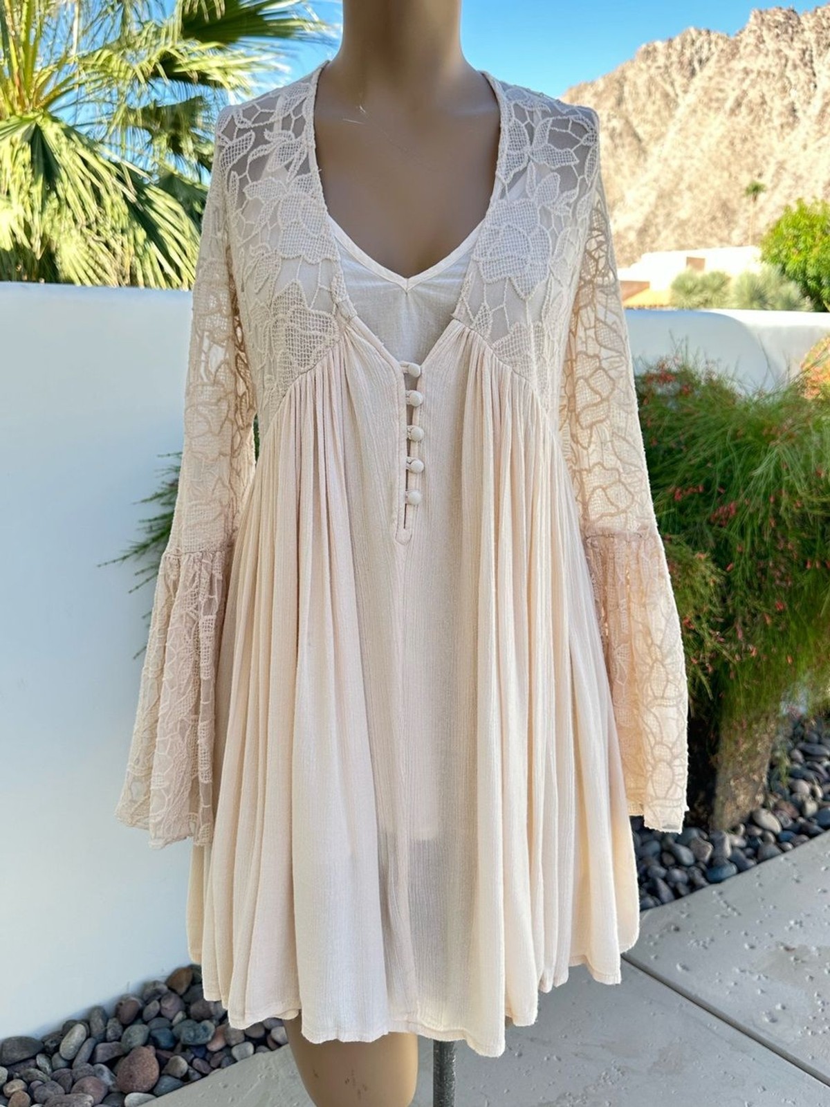 Free People Cream Lace Bell-Sleeve Babydoll Tunic
