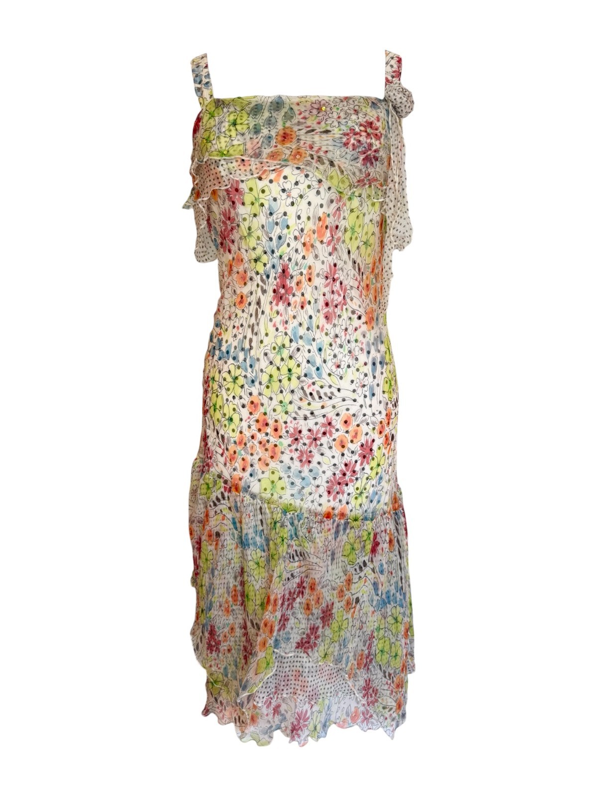 Rene Derhy White Polka Multi Floral Appliqué Sequinned Dress S
