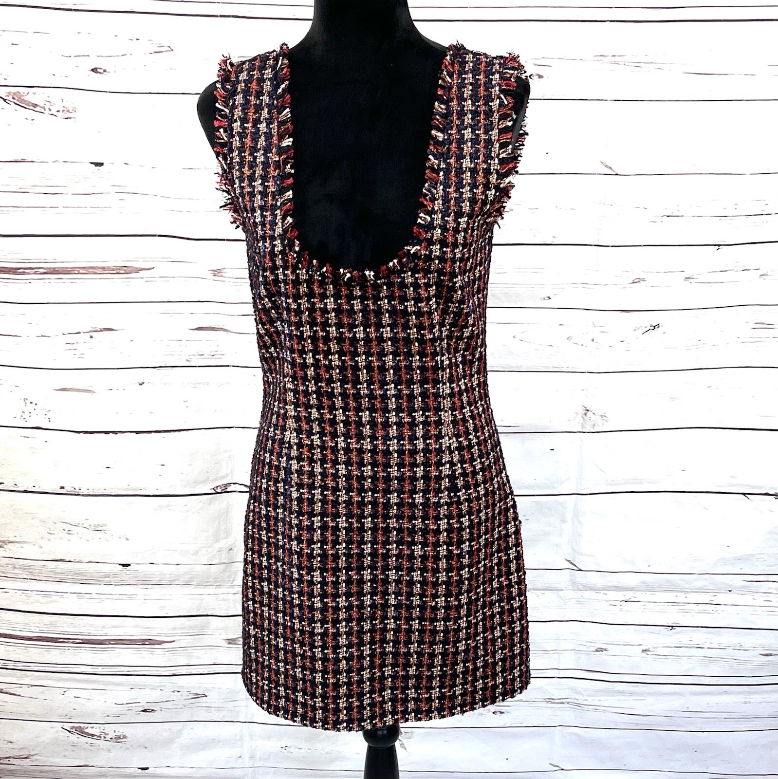 Judith March Dress Women’s Medium Red Sheath Plaid Shiny Tweed Sleeveless