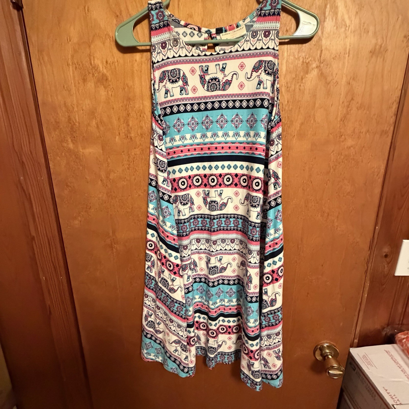 bobbie brooks Elephant Print Keyhole Round Neck Sleeveless A-Line Knee Dress S