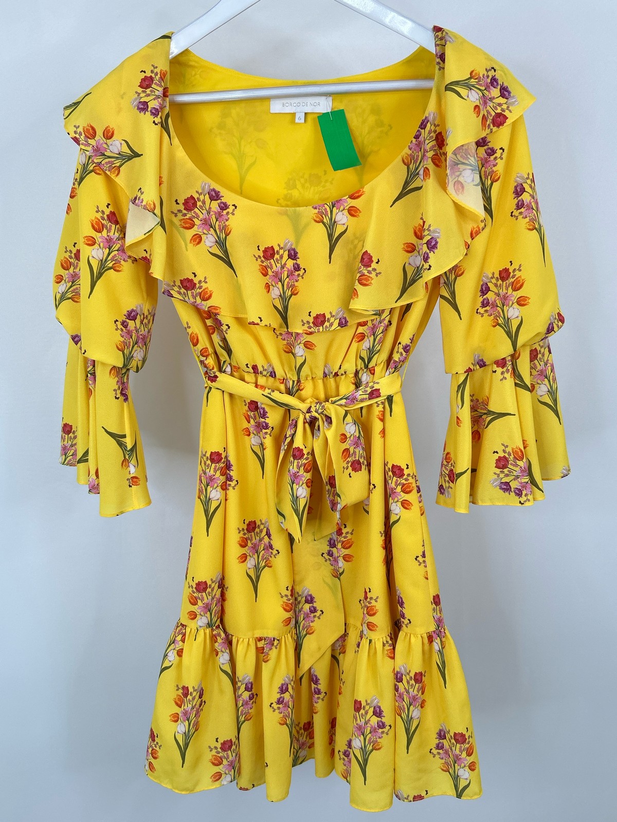 BORGO DE NOR UK size 6/ US Size 0-2 YELLOW FLORAL Women Ruffle Belted Dress