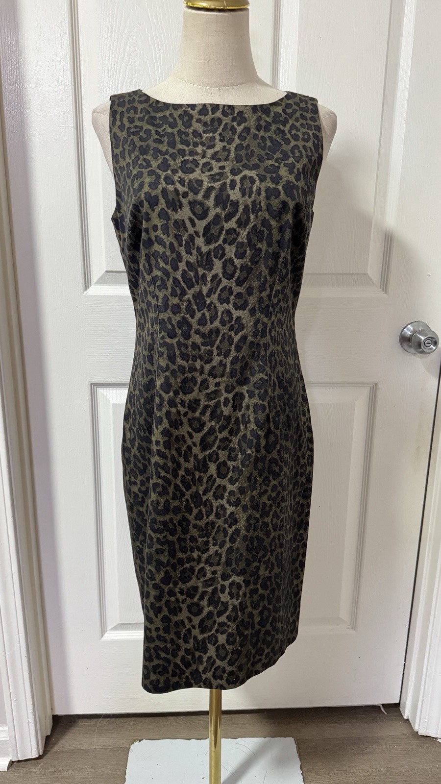 6 Olive Green Black Leopard Print Shift Pencil Dress Stretch Tank Cotton Blend