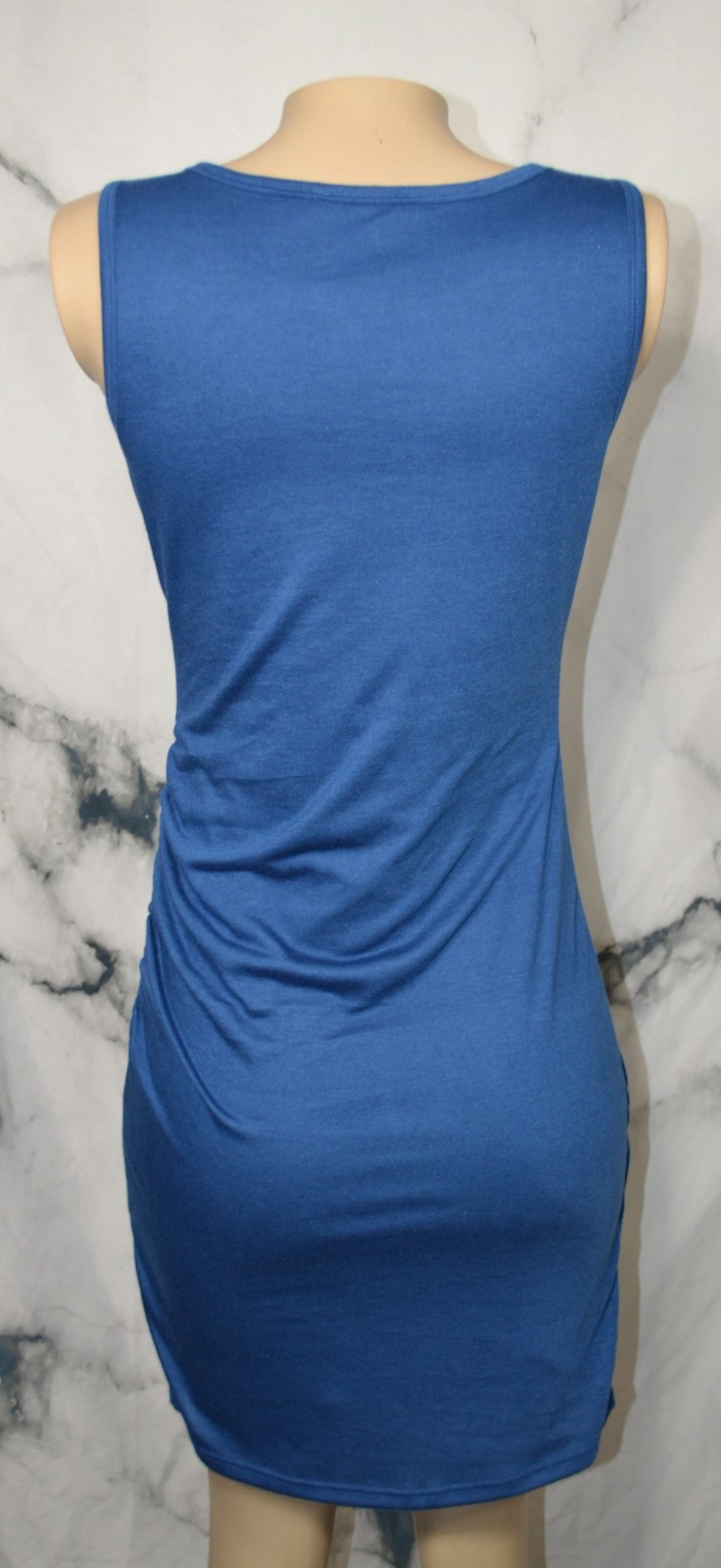 BTFBM Blue Sleeveless Dress Small Lined Ruched Side Seams Stretch Poly Blend