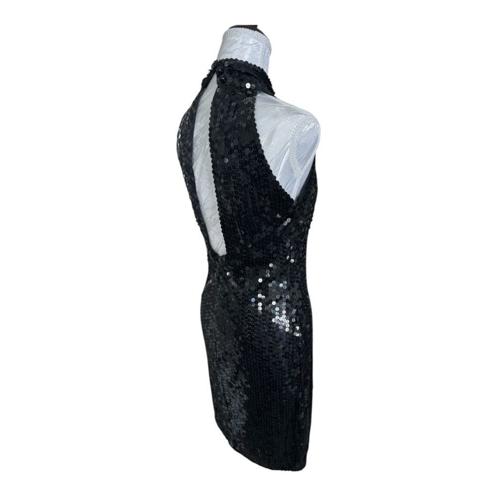 Vintage Nite Line Black Sequin High Neck Cutout Back Evening Dress Size 8