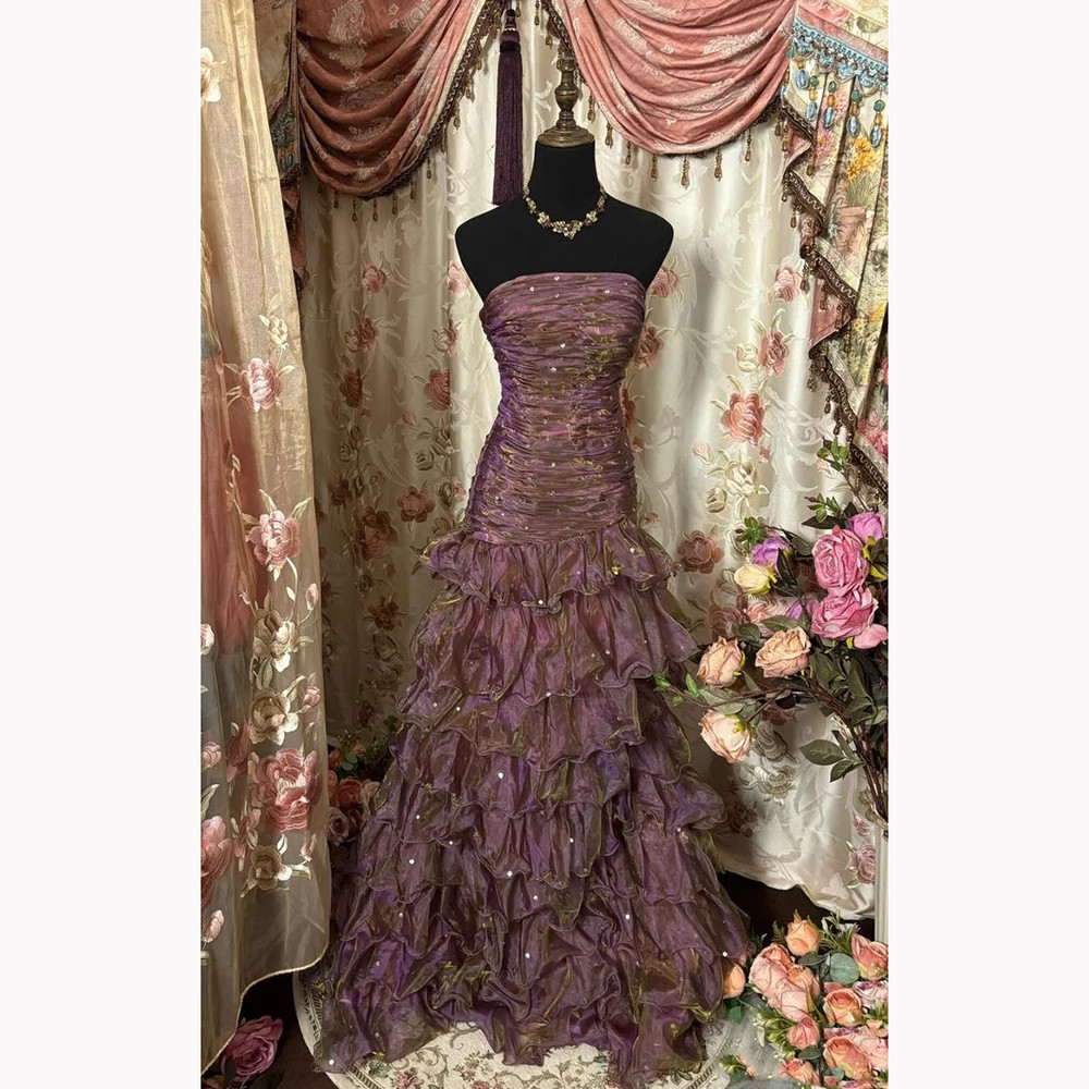 Purple Women Dresses Classy Mermaid Strapless Ruffles Long Evening Dresses