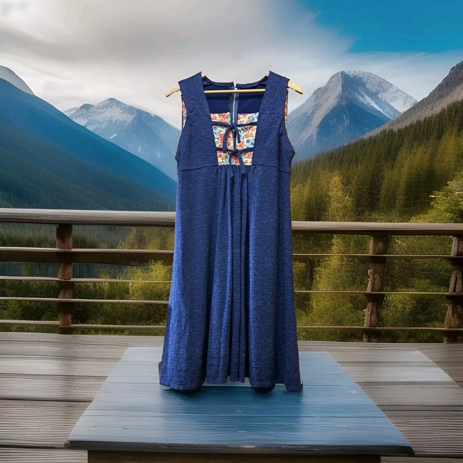 Vintage 70s Austrian Blue Jersey Knit Dress Floral Front Panel Sleeveless Midi