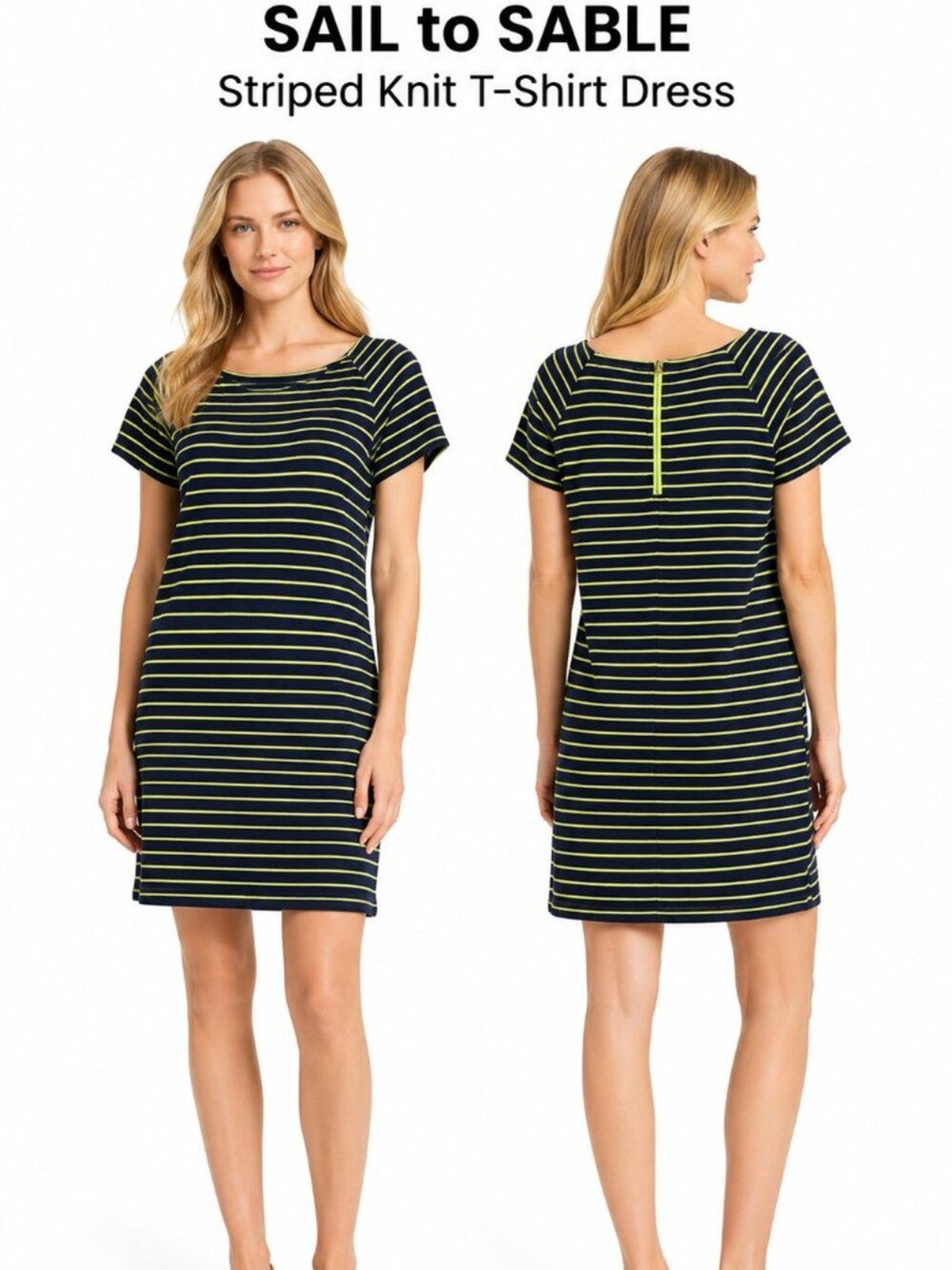 Sail to Sable Striped Knit T Shirt Dress Women Navy Lime Neon Zip XL Casual
