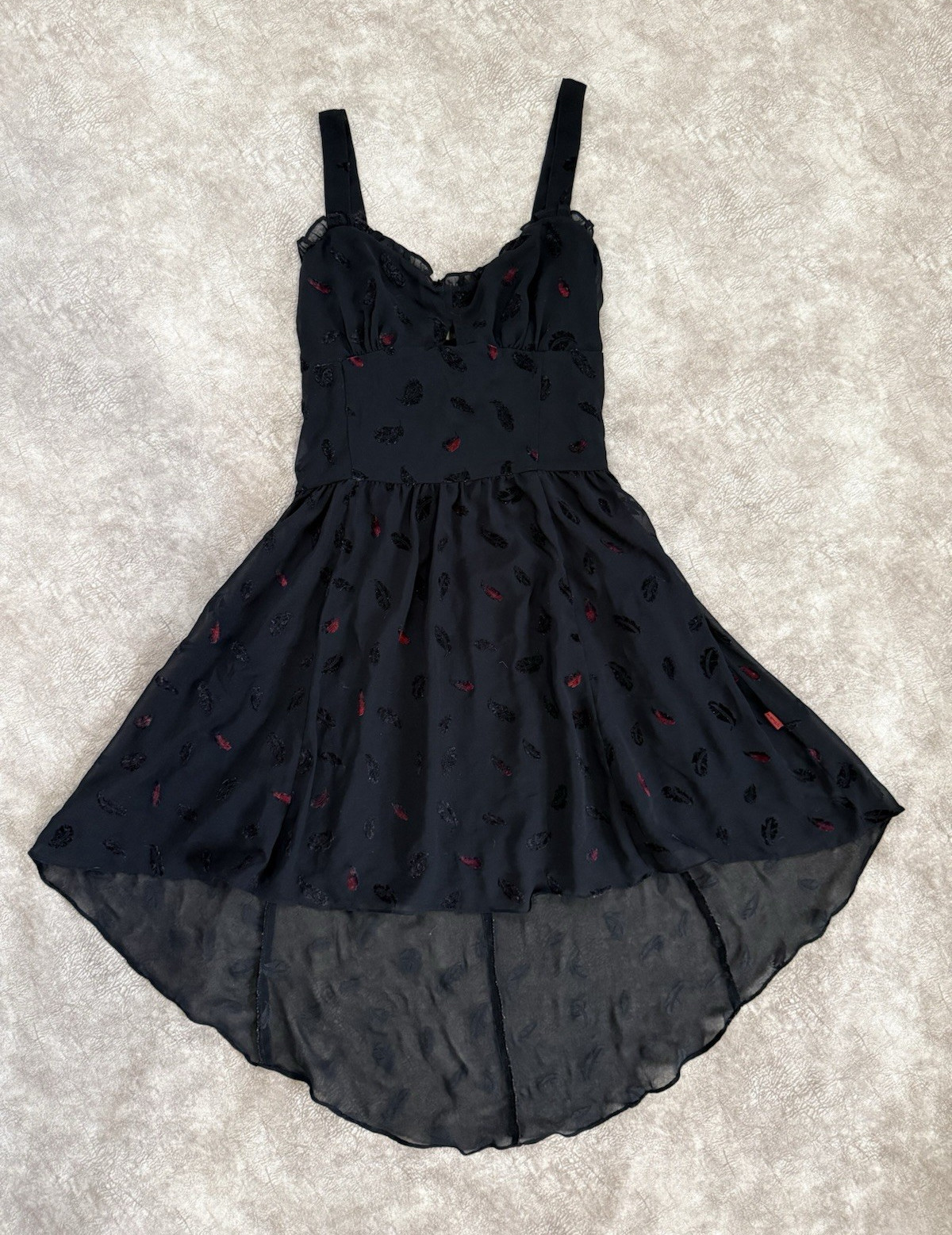 TRIPP Black Red Feather Print Hi-Low Chiffon A-Line Dress Sweetheart Zip S