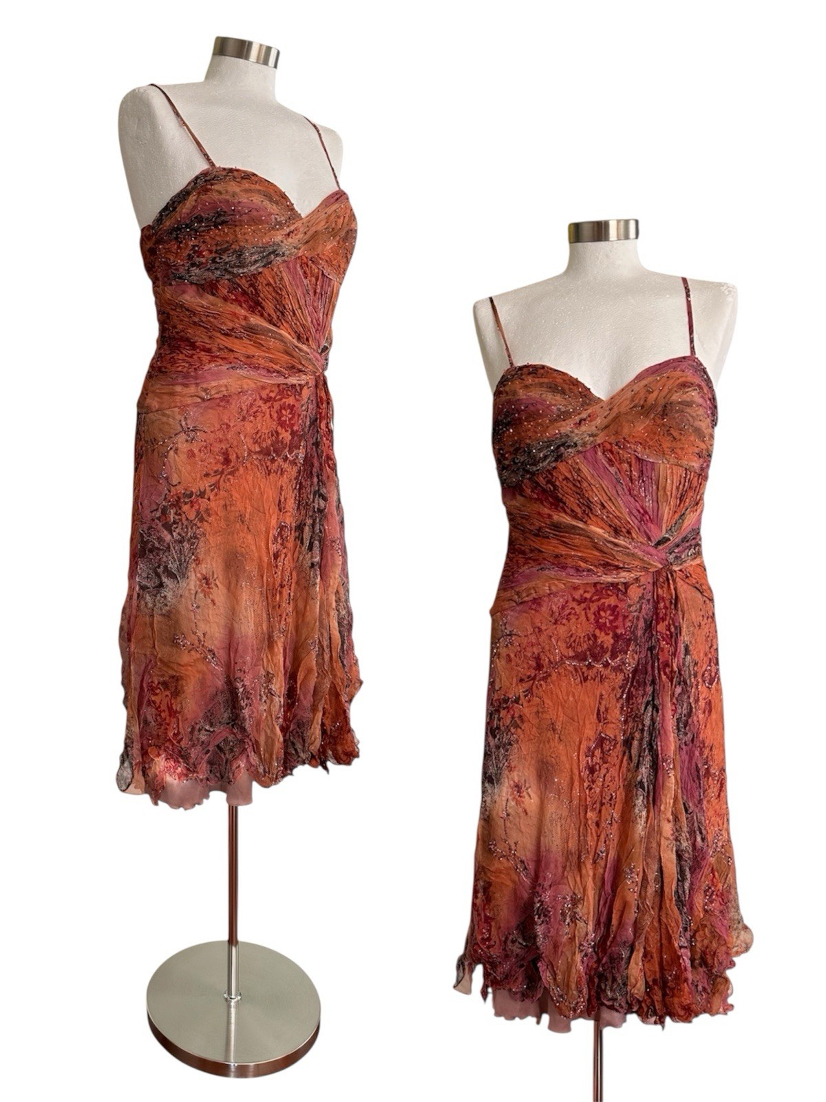 Vintage Y2K Rare Silk Midi Fairy Ombré Orange Sunset Beaded Dress Size Medium