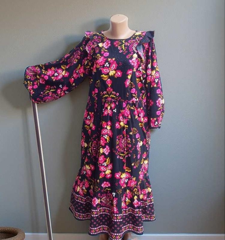 Boohoo Multicolored Botanical Print Tiered MIDI Dress Size M