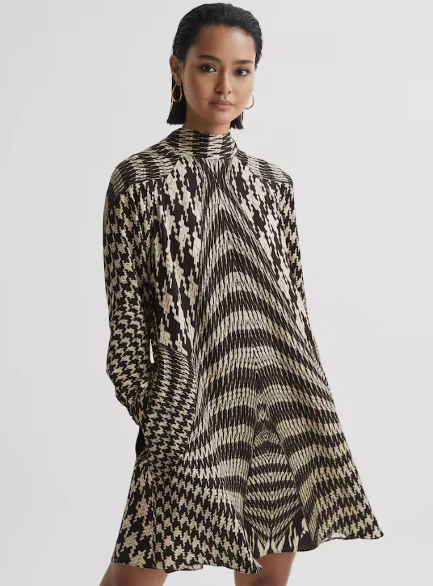 REISS Ester Placed Monochrome Black & Cream Dogtooth Print Mini Dress UK8 UK10