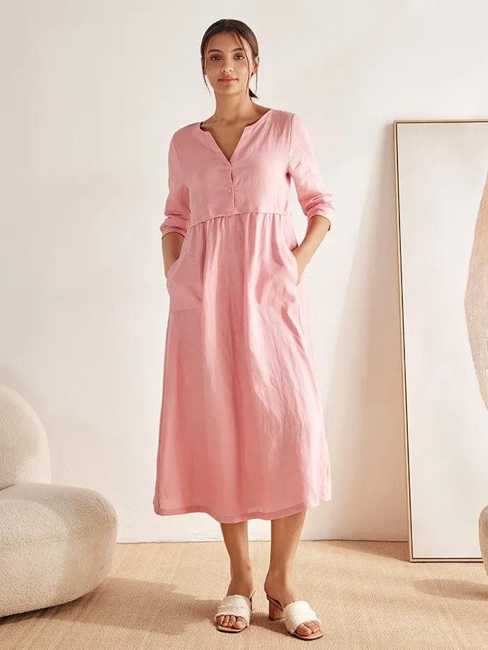 100% Linen Loose Fit Button Waist Gathered Maxi Dress