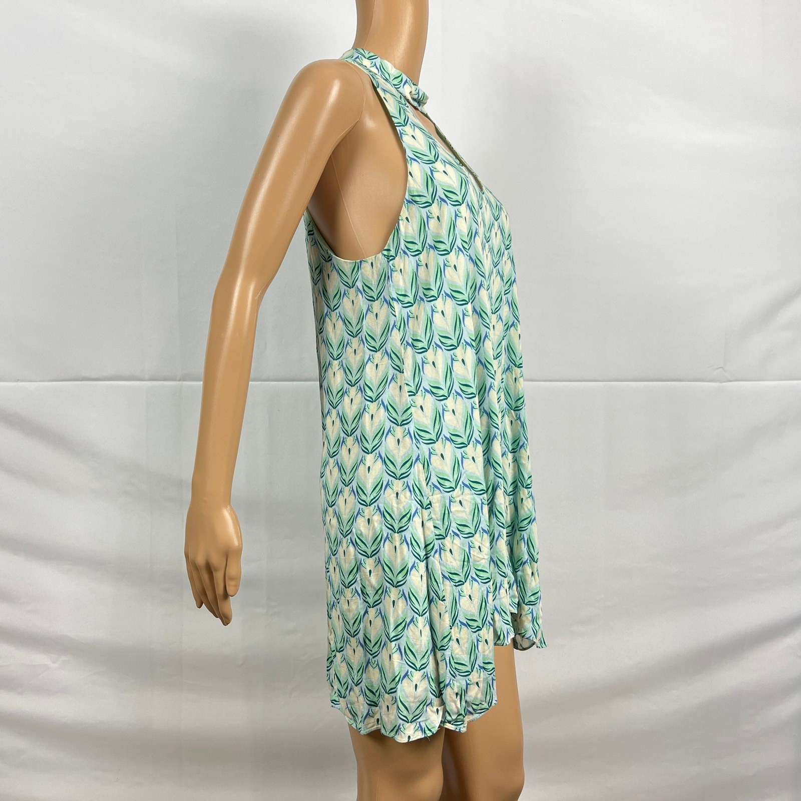 Olivaceous MEDIUM Green Print Cut Out Neck Back Short Trapeze Swing Dress