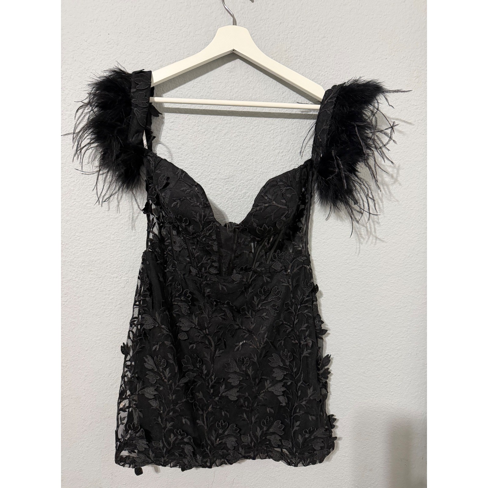 Goth Corset Mini Dress XL Black Sequin Embroidered Feather Off-the-Shoulder Glam