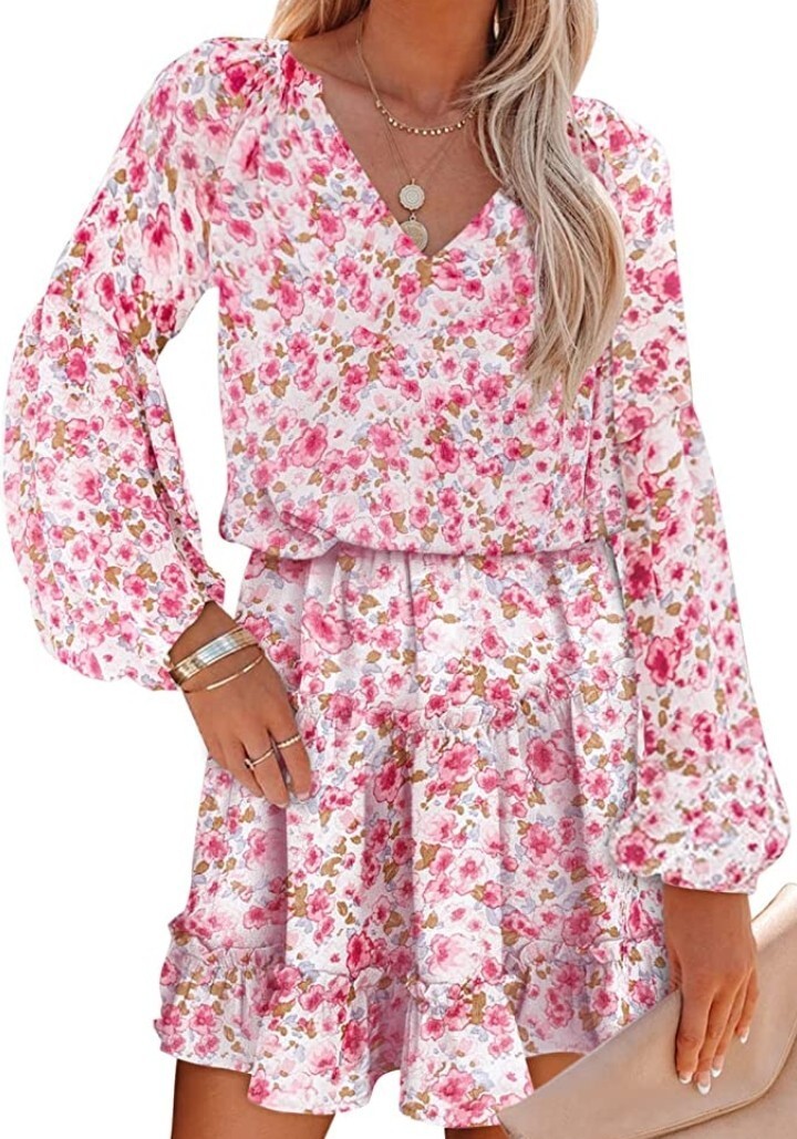 BLENCOT Women’s Casual V Neck Boho Floral Dress Long Sleeve Ruffle Hem Mini