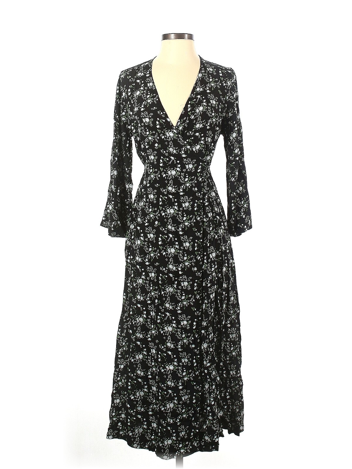 NWT GANNI Floral Printed Crepe Wrap Midi in Phantom Black Dress 34 US 2 $285