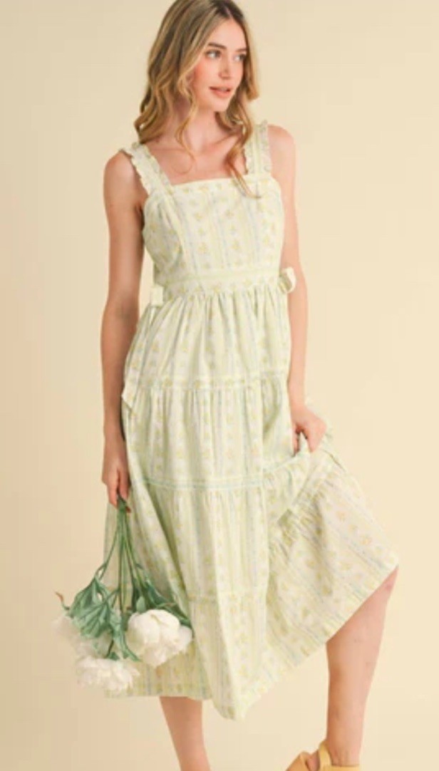 NWT &Merci RUFFLED STRAP FLORAL DRESS WITH SIDE TYING BOWS – Chartreuse Yellow
