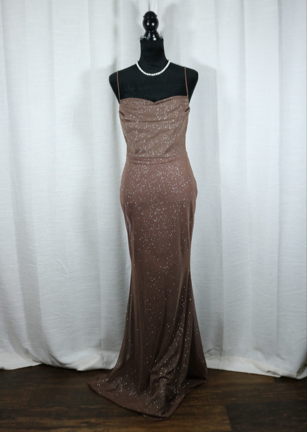 Windsor Women’s Brown Glitter Mesh Sweetheart Spaghetti Strap Long Gown