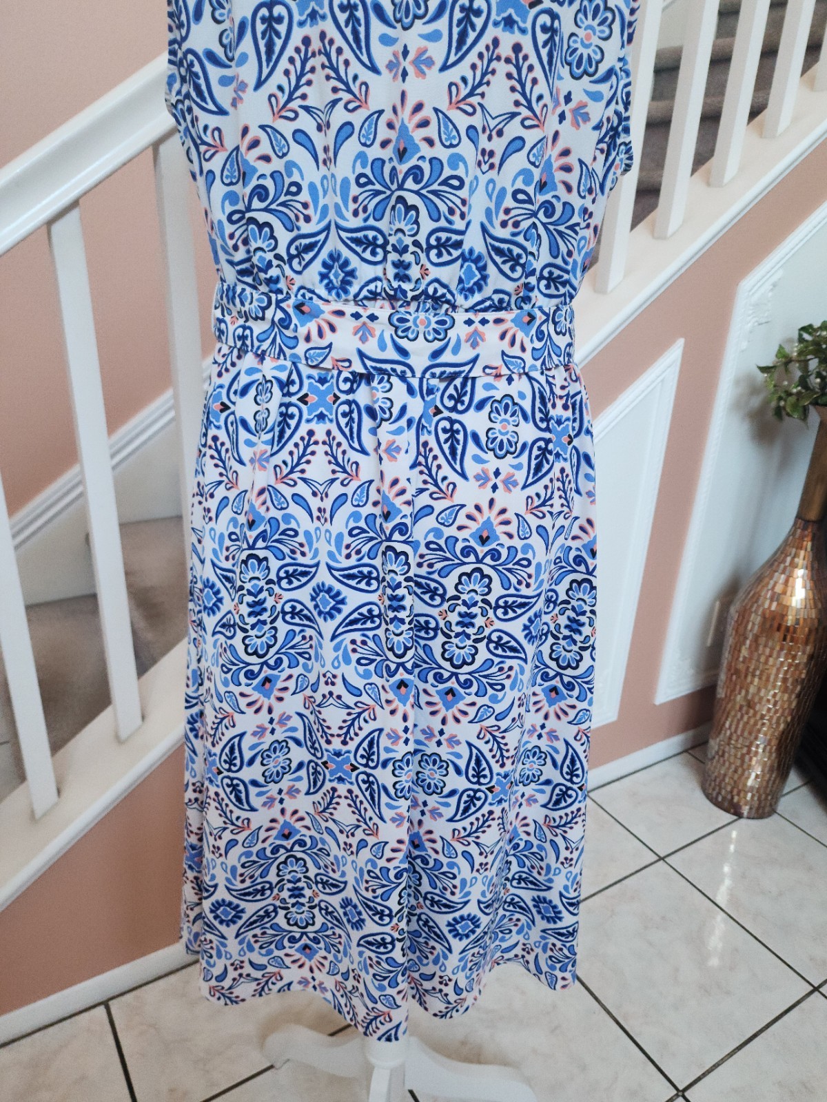 NWOT CROFT & BARROW Blue Floral Notch Neck Belted Sleeveless Shirt Dress Sz PXL