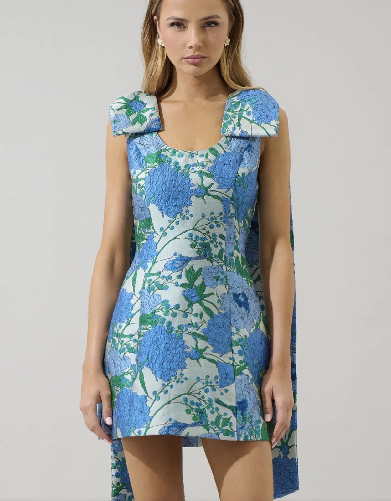Sugarlips Willa XS Blue Floral Jacquard Bow Shoulder Mini Dress Wedding Party