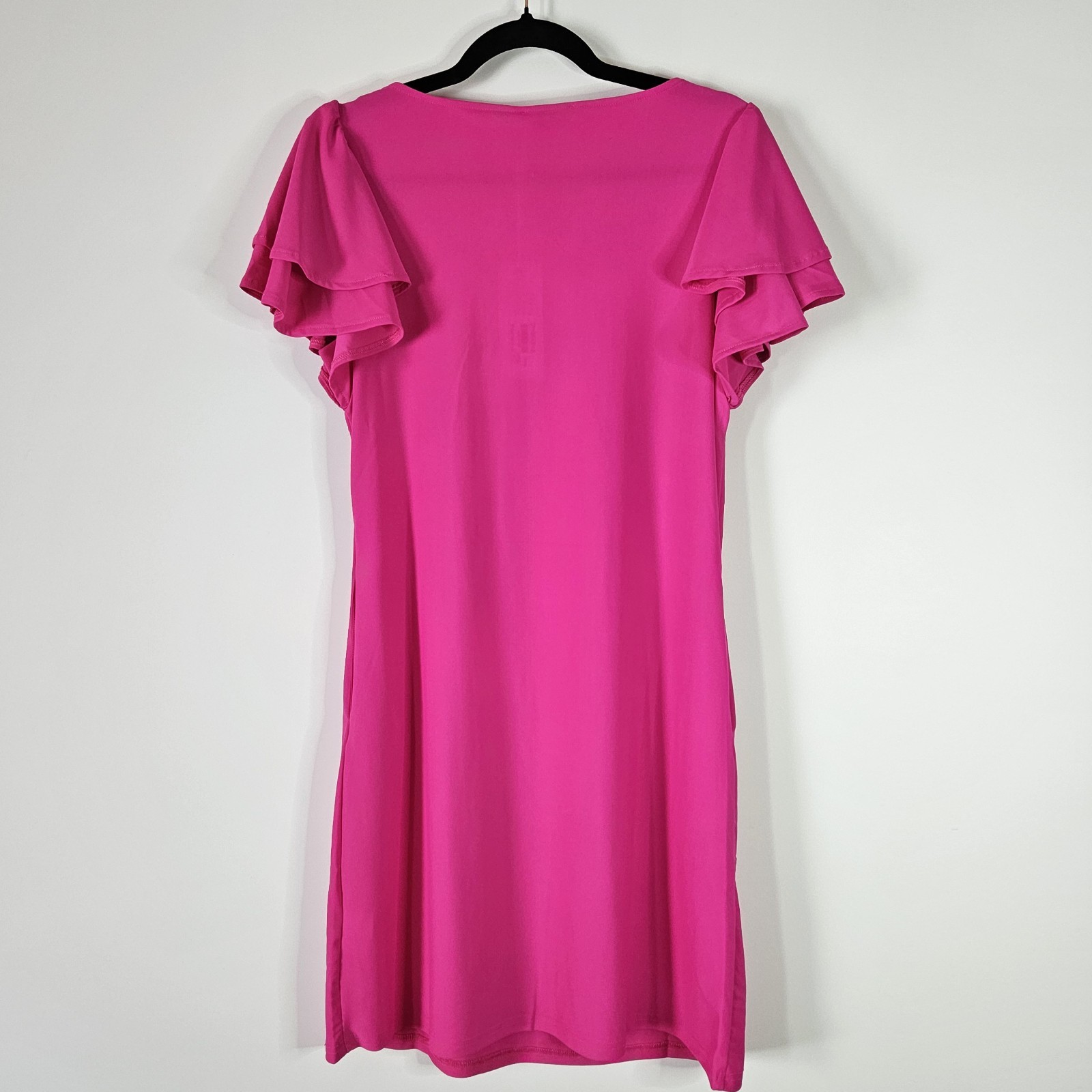 Hot Pink Solid Shift Dress Square Neck Flutter Ruffle Sleeves with Pockets XL