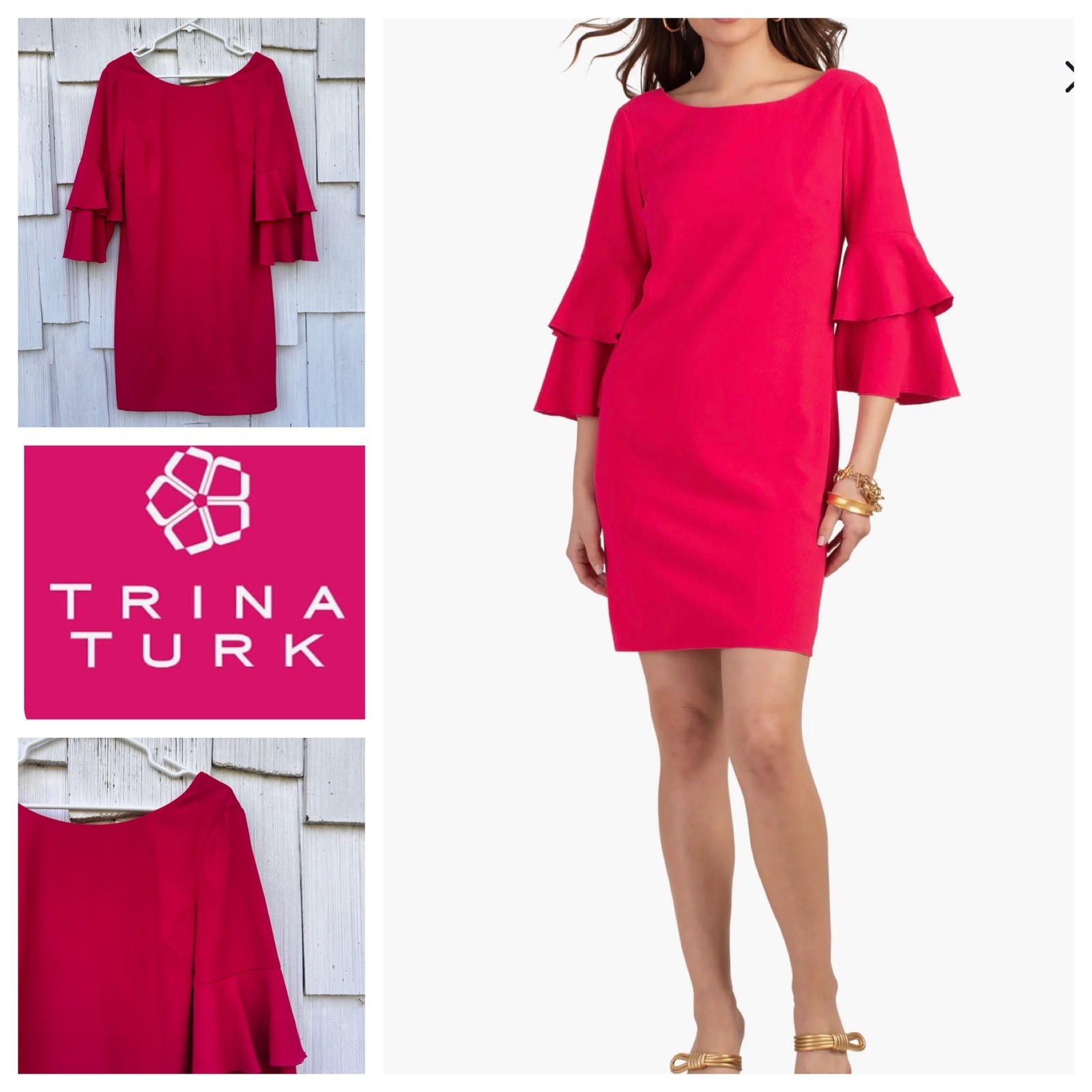 Trina Turk Leona 2 Dress Te Amo Pink Tiered Ruffle Bell Sleeve Shift 6 NWT