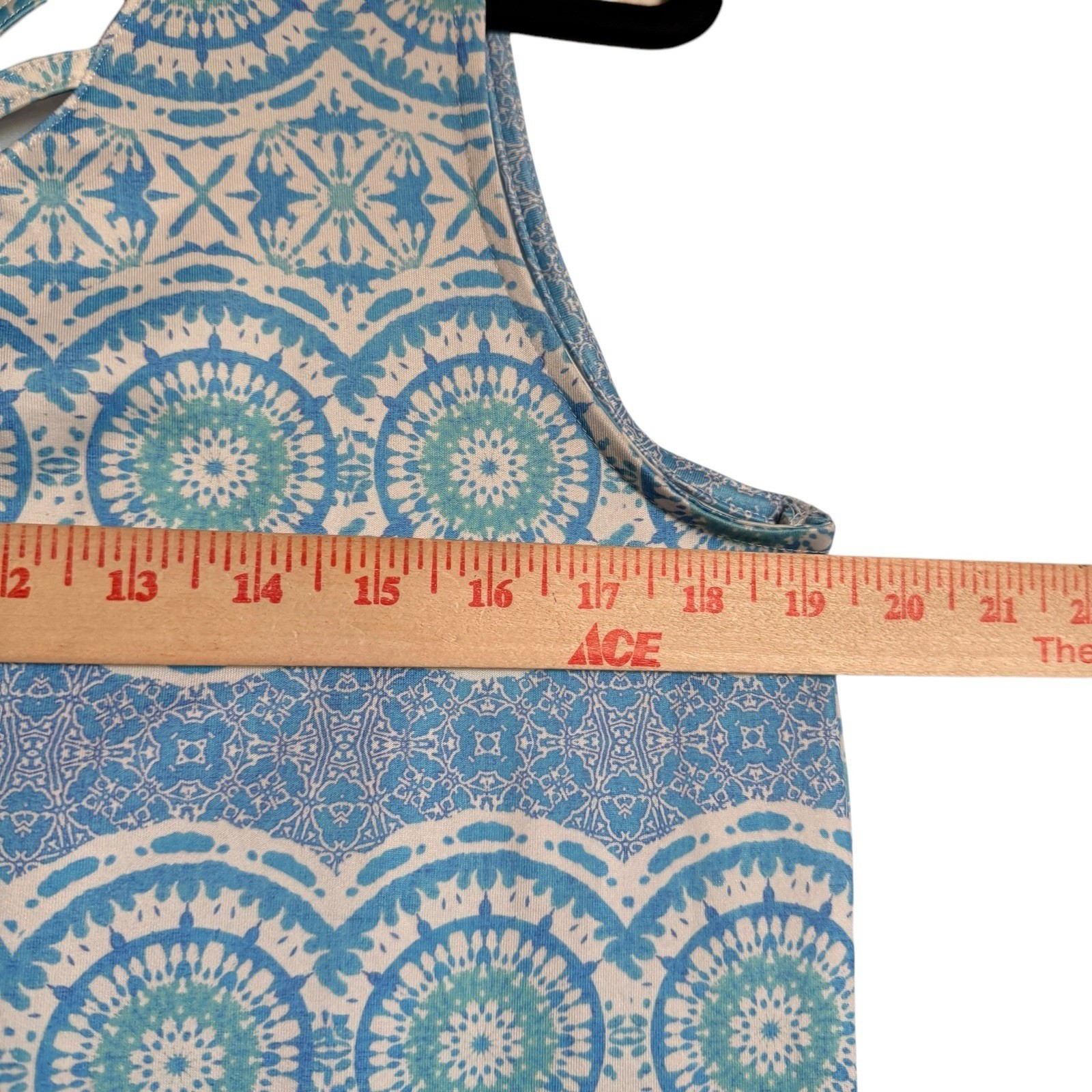 Caribbean Joe Blue Medallion Print Lattice Neck Sleeveless Shift Dress Pockets M