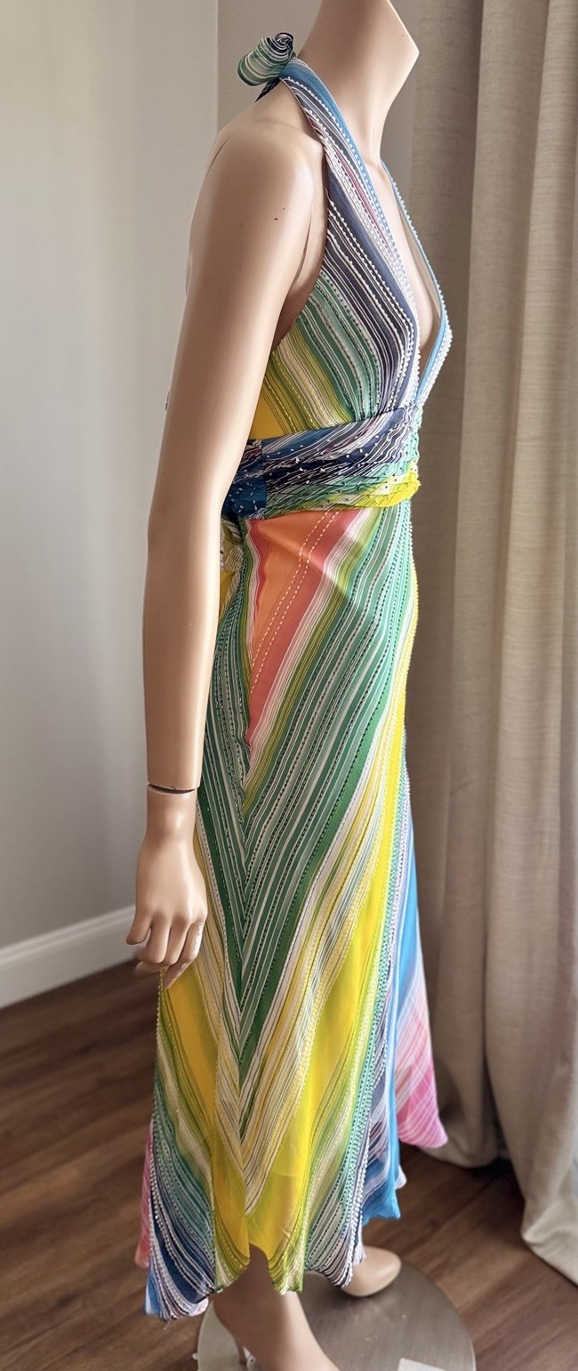 BCBGMAXAZRIA Silk Beaded Rainbow Halter Dress Sz 8 Asymmetrical Y2K Vintage Rare