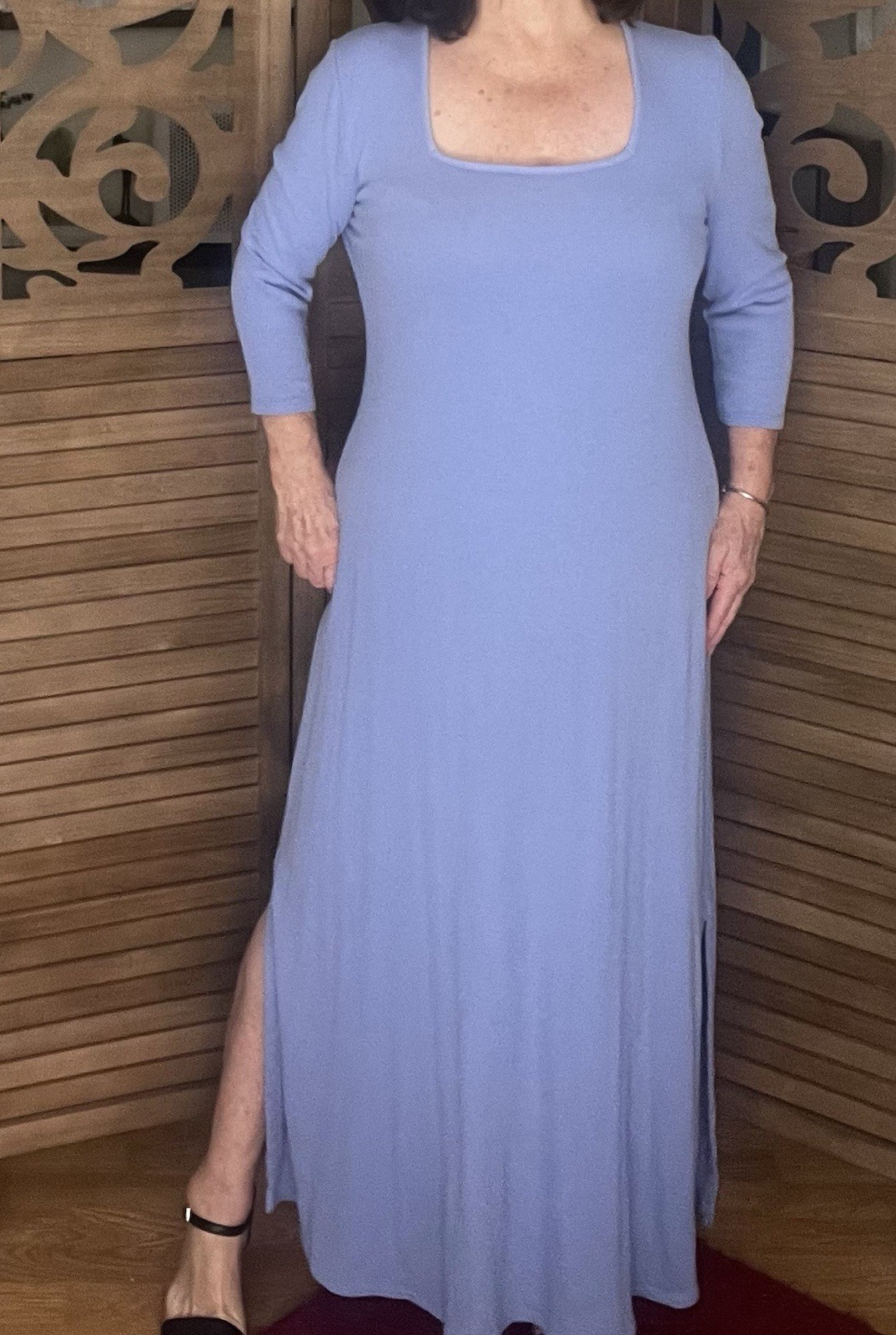 Soft Surroundings Maxi Dress L Blue Solid Square Neck 3/4 Sleeve Side Slit Knit