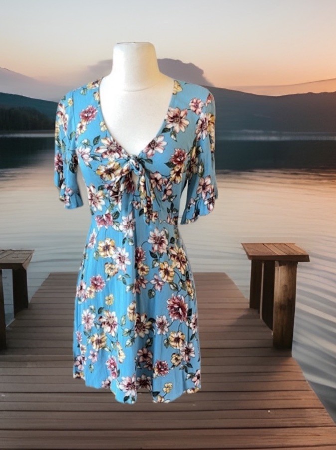Floral Summer Romantic Dress Blue Flowy Ruffle Sleeve Womens Small Mini