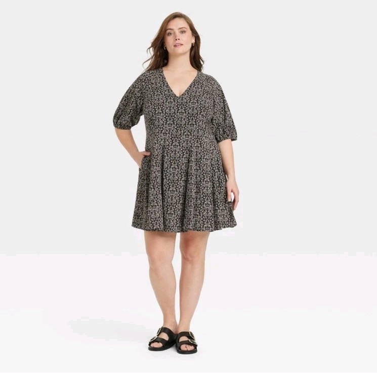 Women’s Puff Sleeve Mini Summer Dress Universal Thread Dark Floral Plus 1X