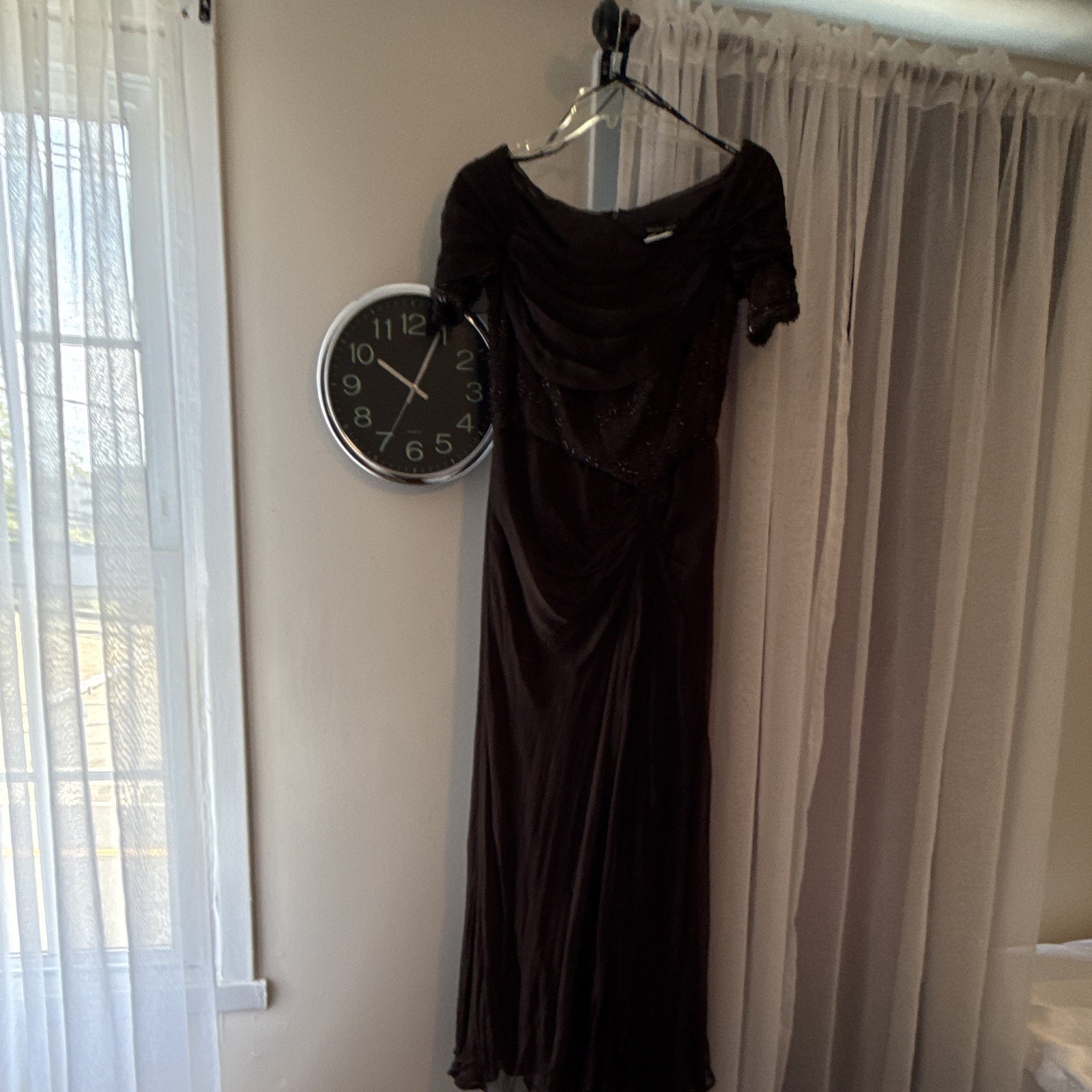 Alex Evenings Black Beaded Formal Maxi Dress Long Short Sleeve Size 10