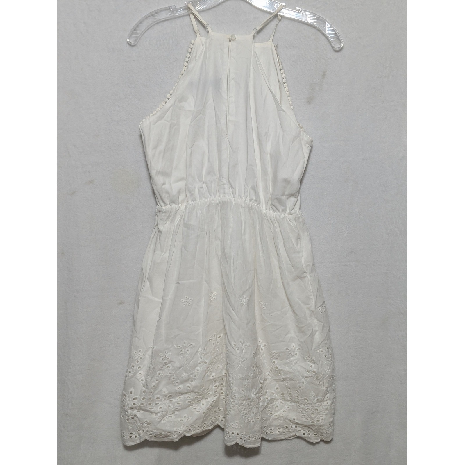 Blue Rain White Eyelet Mini Dress Womens Small Halter Neck Pom Pom Trim Scallop