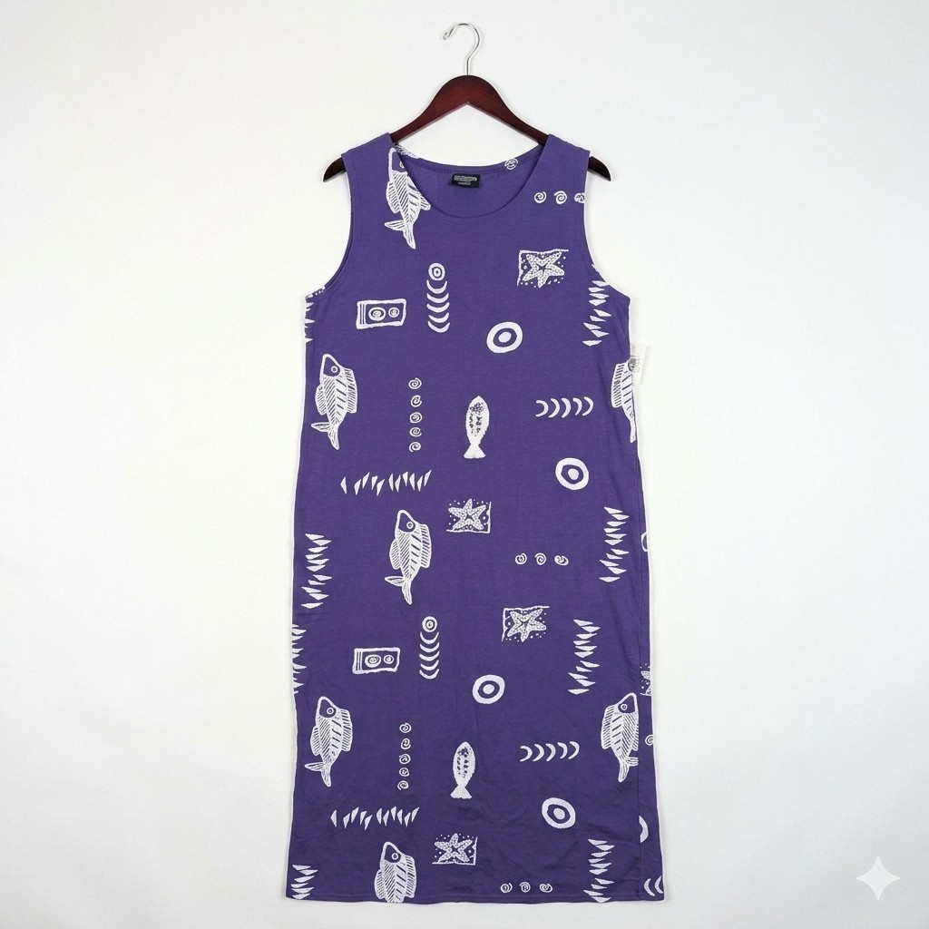 Exist Sports Line Dress Womens Extra Large Purple Fish Print Sleeveless Maxi