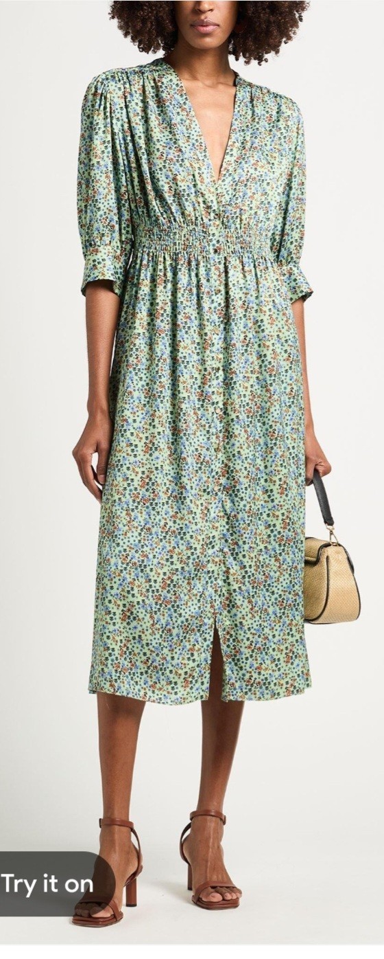 Sandro Paris Dress Womens 38 Green Floral Print Smocked Waist Midi