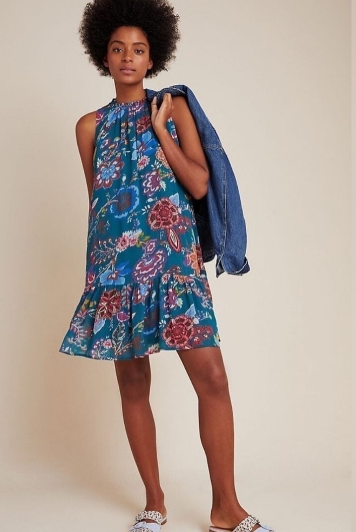Anthropologie Natalie Trapeze Dress Womens Floral Sheer Overlay High Neck Sz S