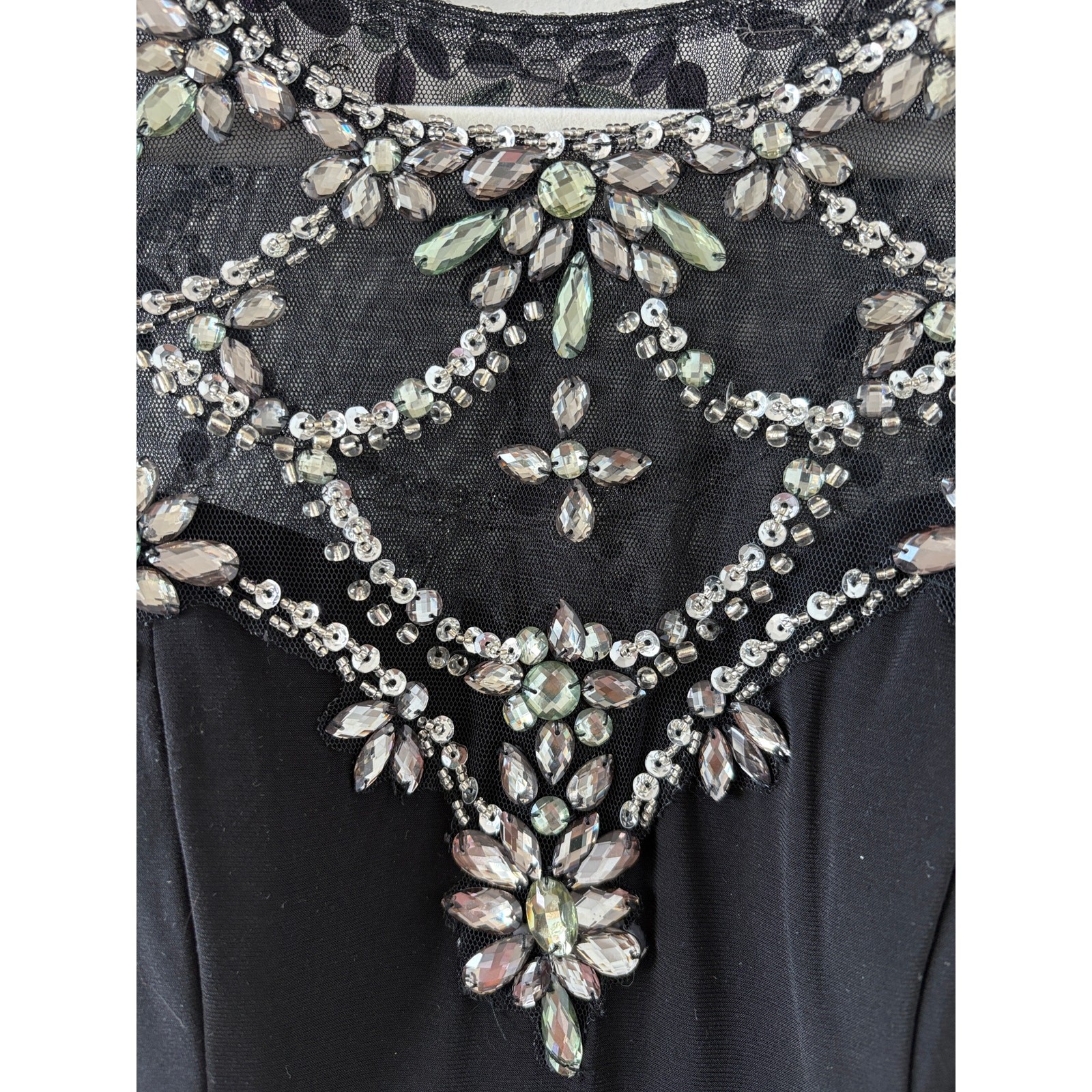 Rhinestone Beads Sequin Evening Gown Sz 2 Whimsigoth Black Tie Illusion Neckline