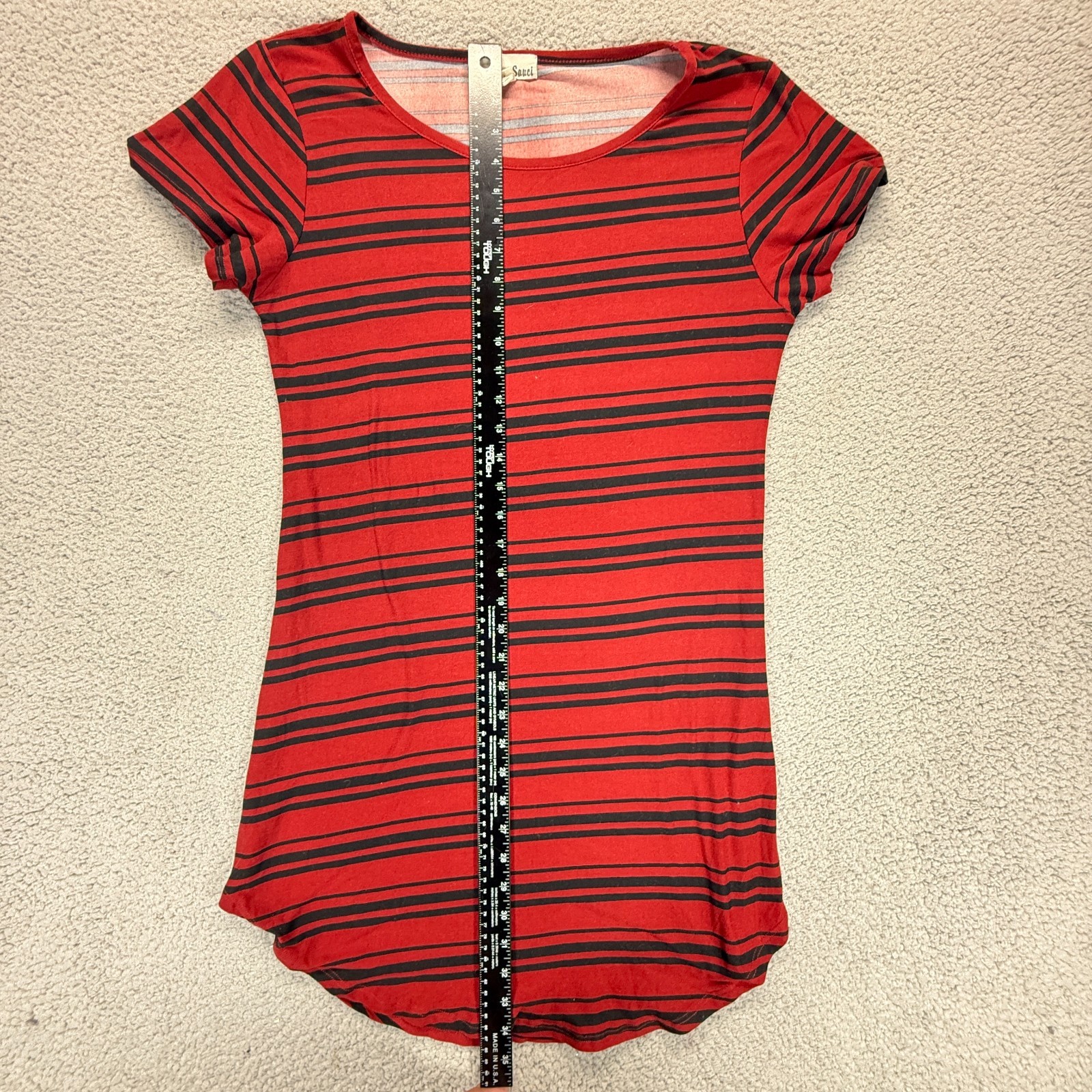 Sauci Womens Short Sleeve Curvy Hem T Shirt Dress Red Black Striped Size L