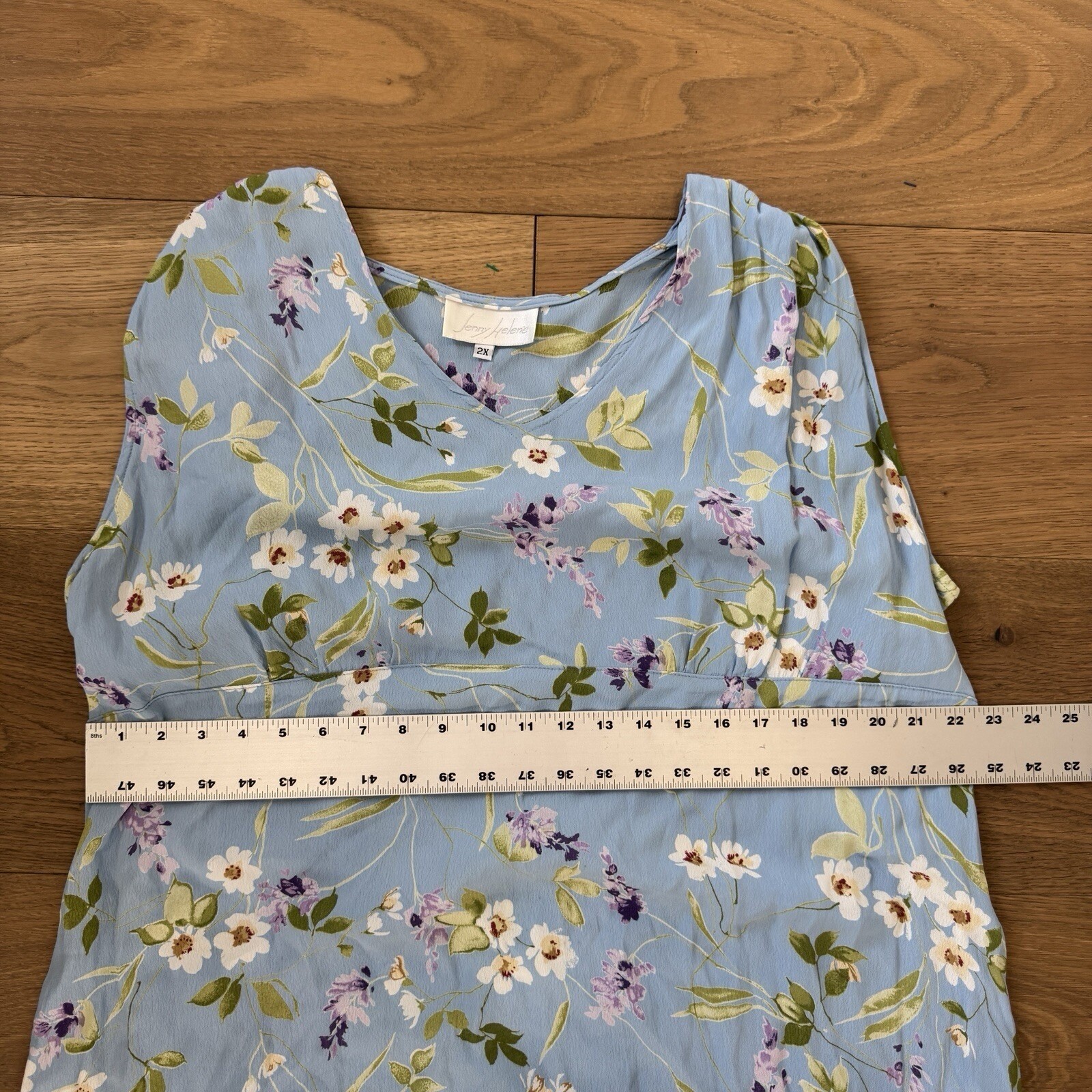 VTG! Jenny Helene Blue Floral Summer Long Dress 2X 100% Rayon USA Cottagecore