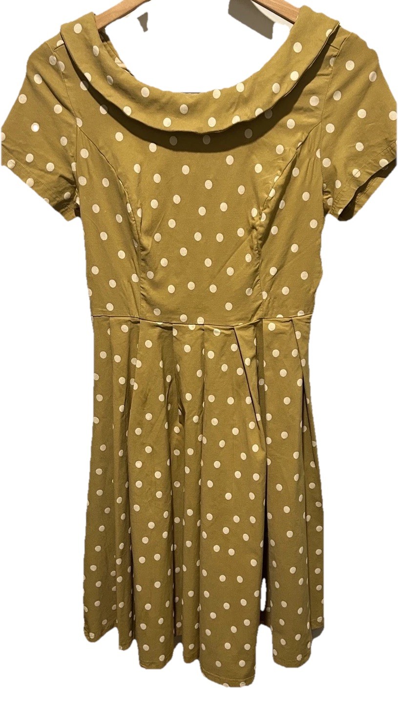 Gown Town Dress Sz L Tan Polka Dot Fit Flare 50s Style Rockabilly Swing
